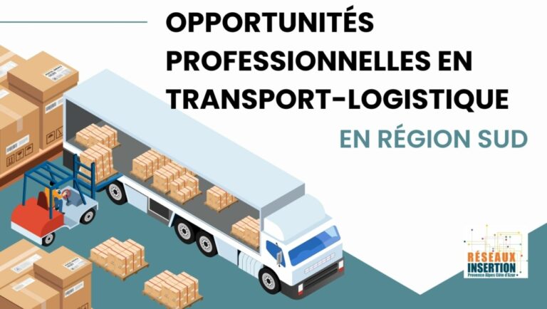 Visuel Réseaux Insertion présentant les opportunités professionnelles en transport-logistique en région Sud, avec une illustration de camion, de palettes, de colis et d’un chariot élévateur.