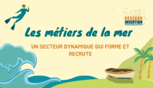 Visuel Réseaux Insertion présentant les métiers de la mer comme un secteur dynamique qui forme et recrute, avec des illustrations de vagues, d’un plongeur, d’un bateau et de palmiers.