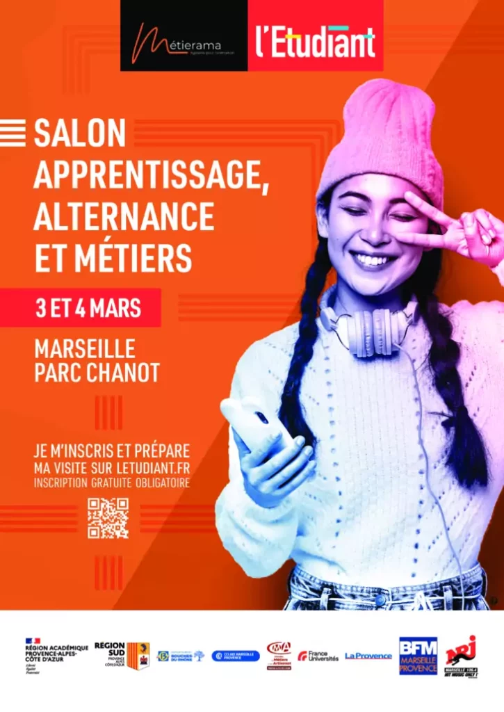 Affiche du salon Apprentissage, alternance et métiers organisé par Métierama et l’Étudiant, les 3 et 4 mars au Parc Chanot à Marseille.