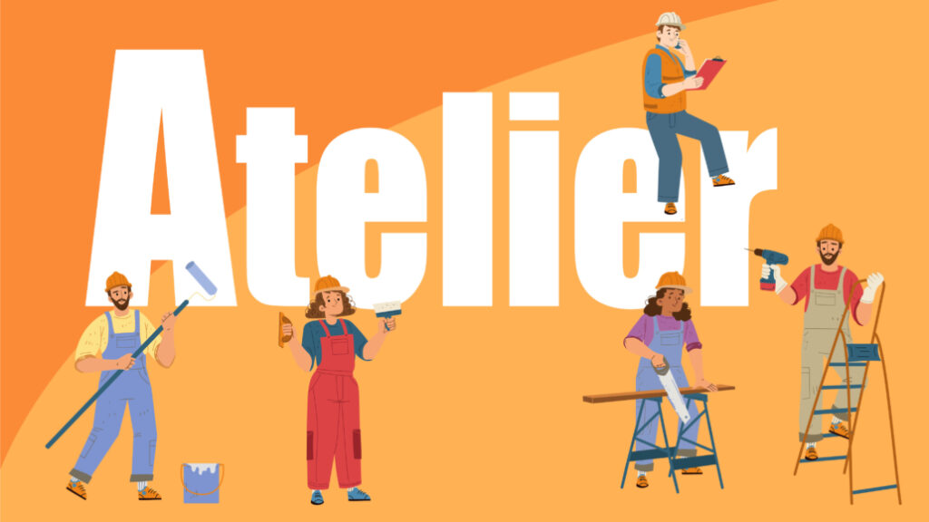 Illustration d’un atelier avec plusieurs professionnels du bâtiment réalisant des travaux de peinture, bricolage, menuiserie et maintenance.