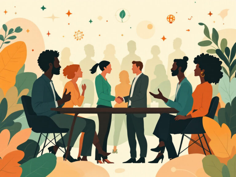 Illustration de professionnels réunis autour d’une table, avec une poignée de main au centre, symbolisant la coopération, le partenariat et le travail en réseau.