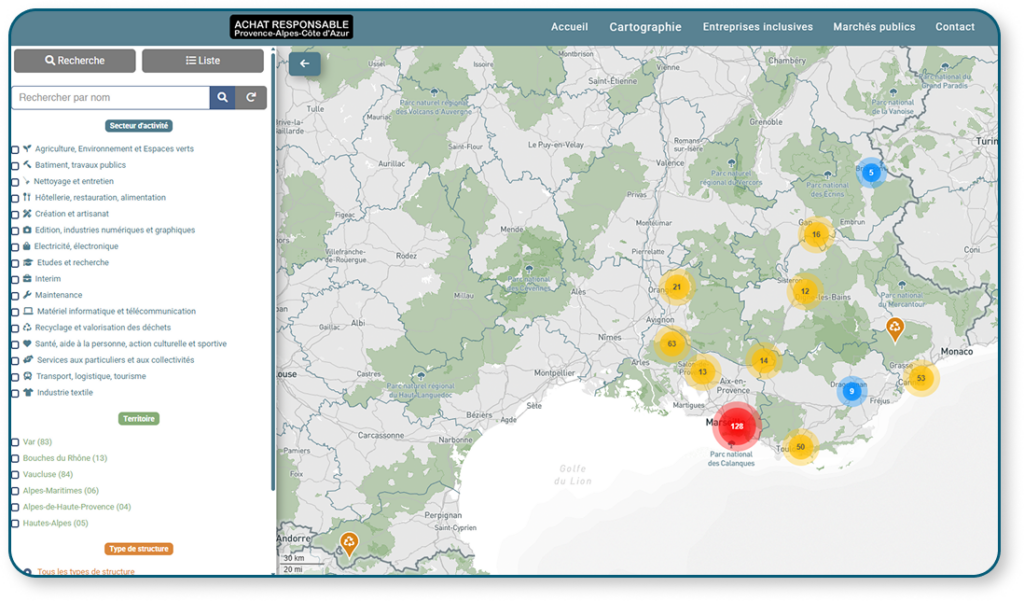 Capture d’écran de la cartographie Achat Responsable Provence-Alpes-Côte d’Azur, avec une carte interactive, des filtres par secteur d’activité, territoire et type de structure.